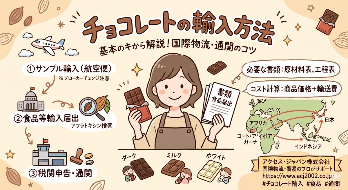 acj2002_co_jp's tweet photo. 解説ページの目次

1.チョコレートの起源
2.チョコレートとは
3.チョコレートの種類
4.近年の輸入動向
5.輸入通関「食品等輸入届出」
6.輸入通関「税関申告」
7.まとめ
8.よくあるご質問

#輸入ビジネス #チョコレート https://t.co/MkVmt6kpTo