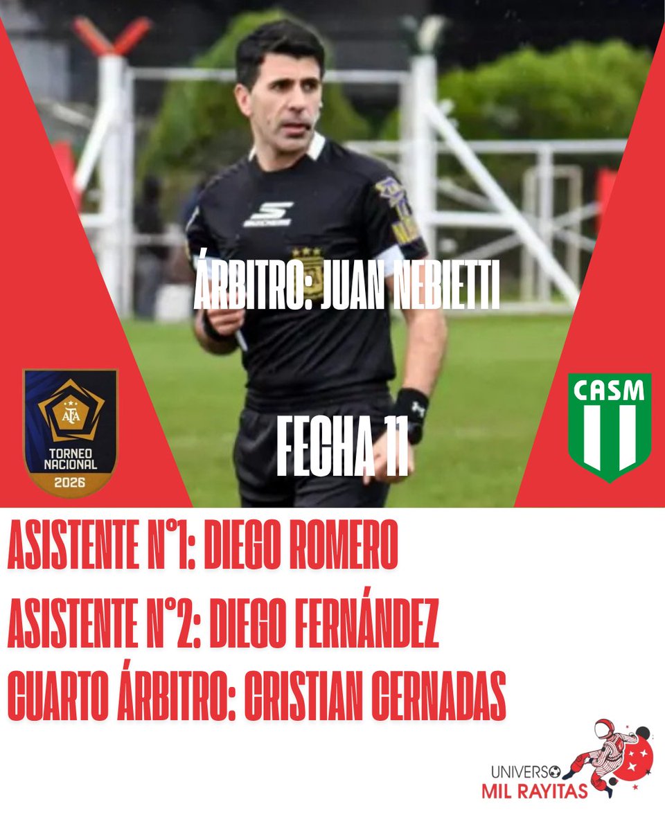 universomilra's tweet photo. #NacionalB | TERNA ARBITRAL

El encargado de impartir justicia en la fecha 11 el sábado 25/4

👨🏻‍⚖ Árbitro: Juan Nebietti 
🚩 Asistente 1: Diego Romero 
🚩 Asistente 2: Diego Febrero 
👨🏻‍⚖ Cuarto Árbitro: Cristian Cernadas
🆚 @Oficial_CASM
⌚ 15:30

#Lomas #Milrayitas #LosAndes https://t.co/7ApoDXP6hb