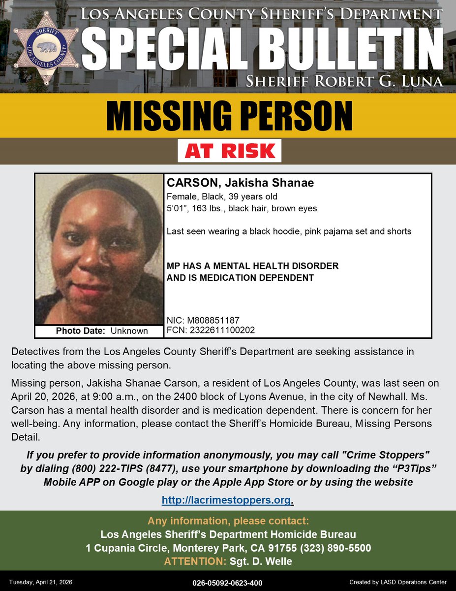 LASDHQ's tweet image. #LASD is Asking for the Public’s Help Locating At Risk Missing Person, Jakisha Shanae Carson #Newhall
local.nixle.com/alert/12345371/