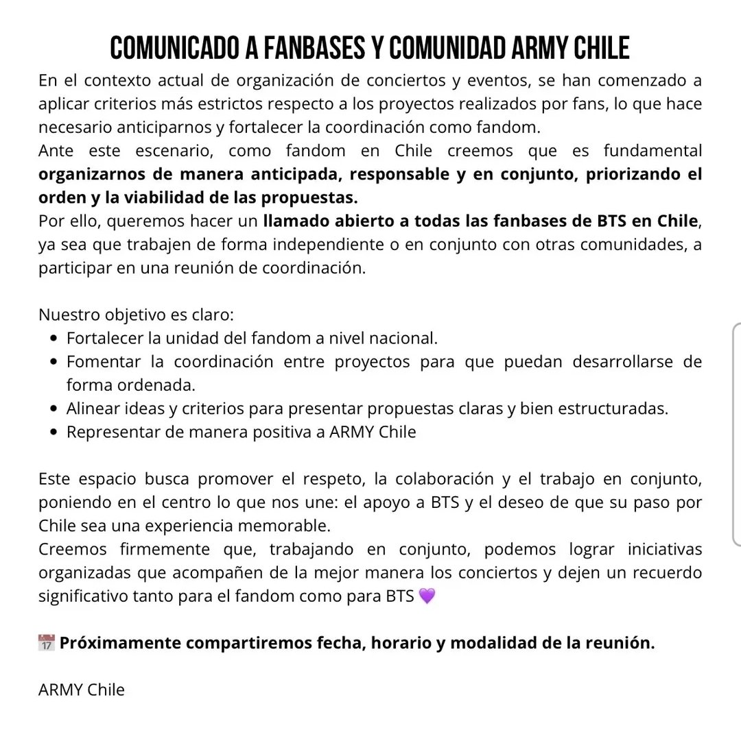 Por fin, las fanbases de chile están citadas a reunión para organizar los proyectos y hacer los más viables ohmmm ojalá lo vean JSD ya la que no quiso es por falta de voluntad y exceso de ego, al final en fandom es UNO y en colaboración debemos dar una bienvenida preciosa 💞💘