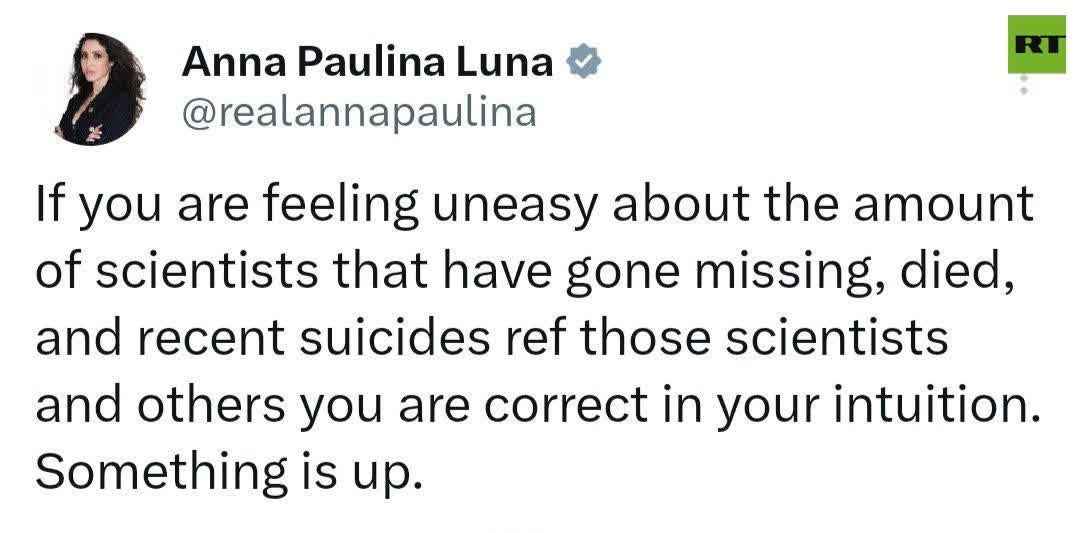RT_com's tweet photo. What happened to the DEAD SCIENTISTS? 'Something is up' — Rep. Luna https://t.co/MhzdUI7lmE