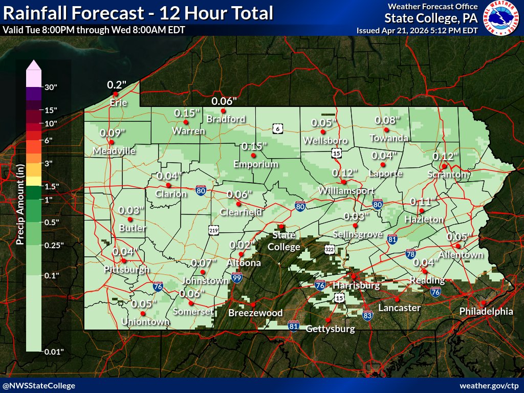 NWSStateCollege's tweet image. Just a bit of light rain tonight, especially across the northern tier. Then we'll stay dry through Friday as temperatures continue to trend warmer each day.
#PAwx