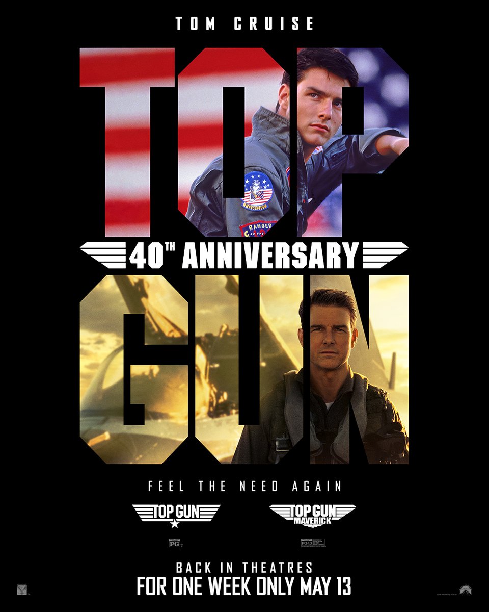 topgunarchive's tweet photo. Feel the need again! ✈️
40th anniversary poster for the re-release of ‘TOP GUN’ #TopGun40 

Back in cinemas alongside ‘TOP GUN: MAVERICK’, starting May 13. https://t.co/2OA9yIxqJ5