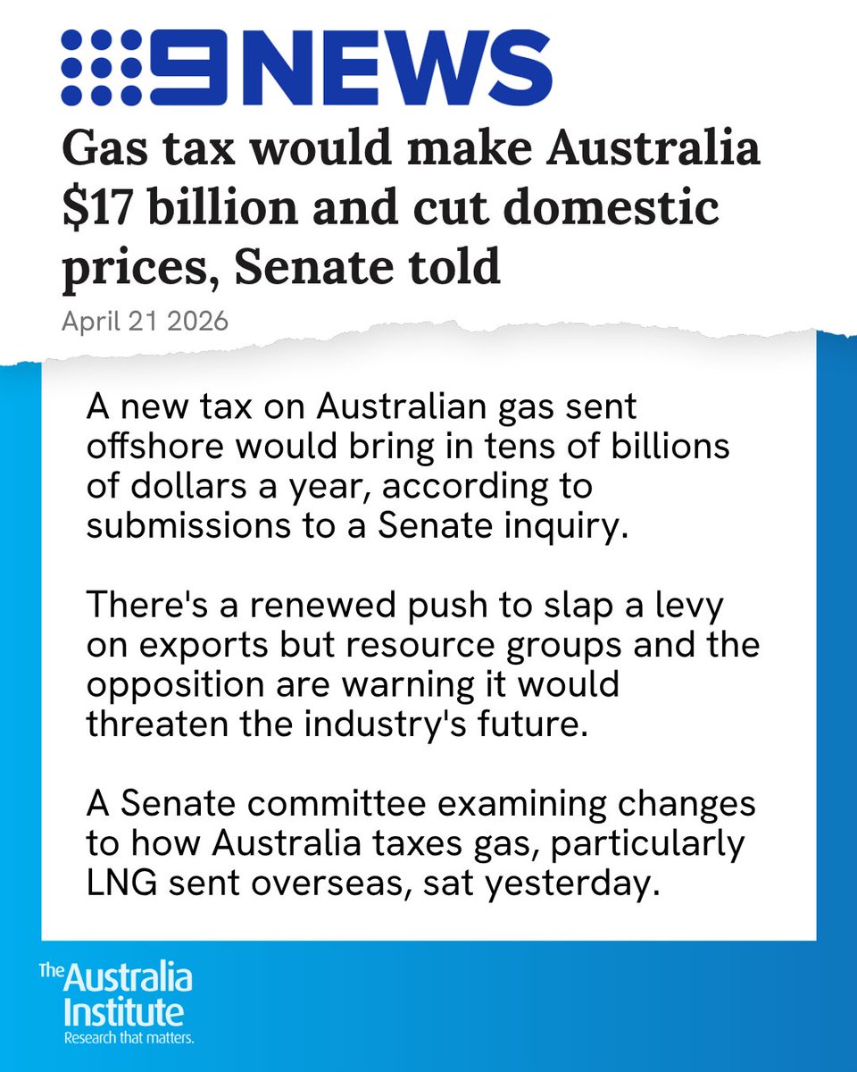 TheAusInstitute's tweet photo. The Australia Institute suggests a flat 25 per cent export tax would raise $17 billion and bring domestic prices down.
 
"An export tax solves all those problems," co-CEO Dr Richard Denniss told the inquiry.
 
Read more: https://t.co/cHMnqQkmuy https://t.co/nWVCUNexYh