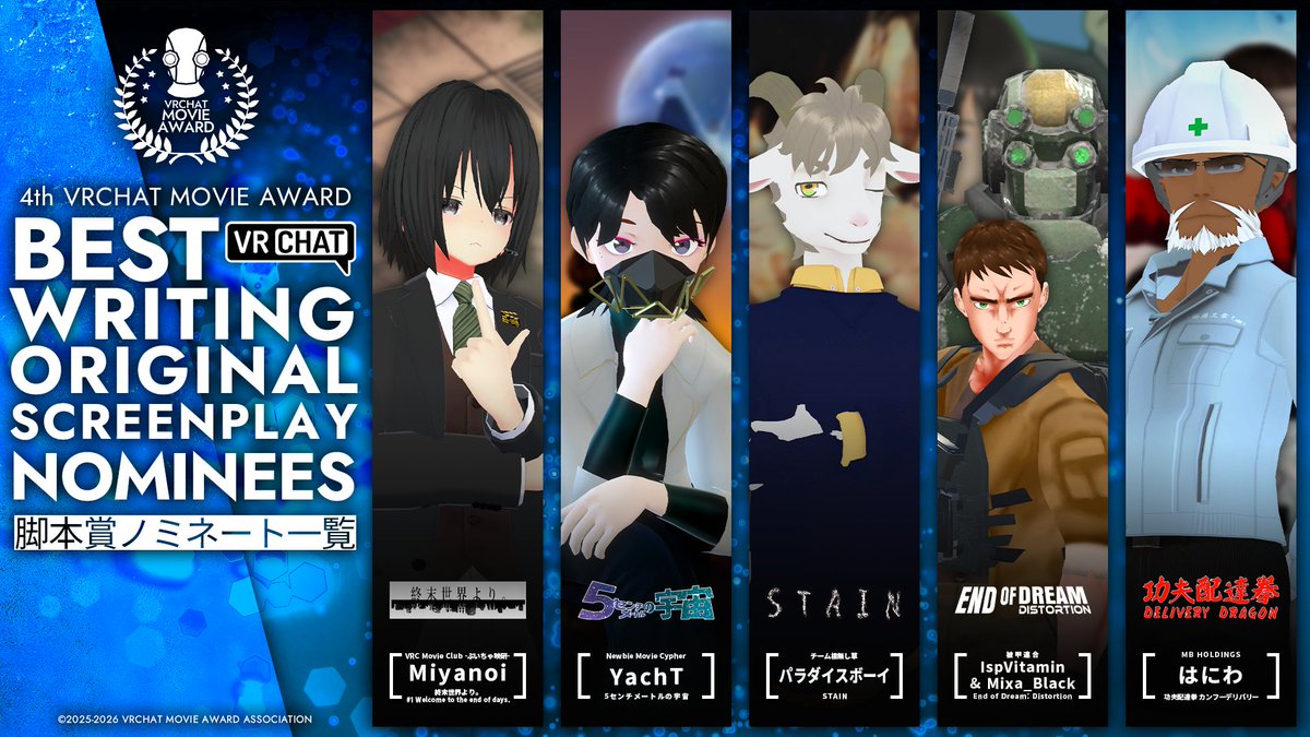 ◤◢◤◢◤◢◤◢◤◢◤◢

　　　　 第4回
  #VRCムービーアワード
　ノミネート作品発表‼️

◤◢◤◢◤◢◤◢◤◢◤◢

脚本賞は全5作品がノミネート✨

✅結果発表：5月9日（土）
✅鑑賞はコチラ!!
youtube.com/playlist?list=…

一般投票は間もなく受付開始!!
お見逃しなく!!

#VRChat
