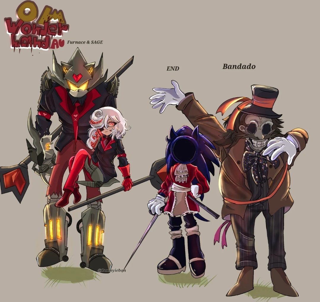 Bunnyiebon's tweet image. #rewritesonic #fleetway #furnace #sonicfanart #majinsonic #Crimsonx #outcomememories
 Alice in the wonderland AU||
 Designs 11/11 (doodle)