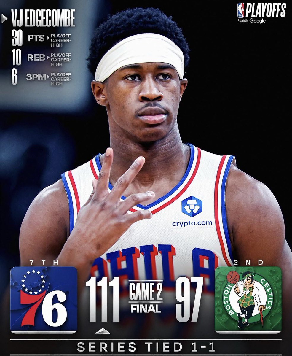 GalvanAndre77's tweet image. El novato Edgecombe tiene una noche perfecta, doble doble en su segundo juego de playoffs. 

Jugando en el TD Garden como en el patio de su casa ante un equipo duro mientras Cooper Flagg y Kon Knueppel lo miran por la TV. 📺 ✌🏾

#76ers #NBA #Philly #ESPN #Playoffs #celtics