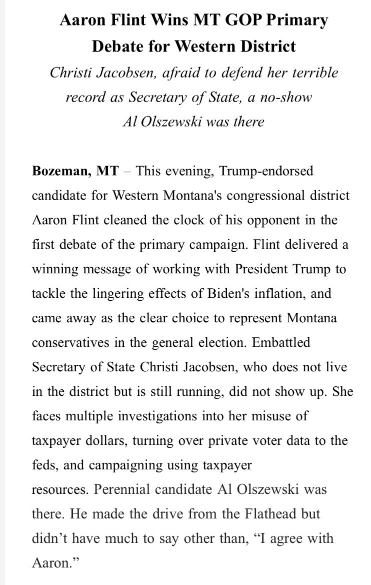 hswift's tweet image. Flint wins.  #MTPOL #MT01