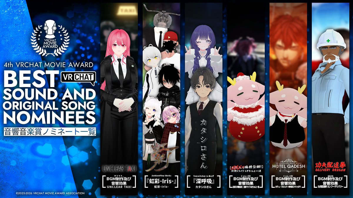 ◤◢◤◢◤◢◤◢◤◢◤◢

　　　　 第4回
  #VRCムービーアワード
　ノミネート作品発表‼️

◤◢◤◢◤◢◤◢◤◢◤◢

音響音楽賞は全6作品がノミネート✨

✅結果発表：5月9日（土）
✅鑑賞はコチラ!!
youtube.com/playlist?list=…

一般投票は間もなく受付開始!!
お見逃しなく!!

#VRChat