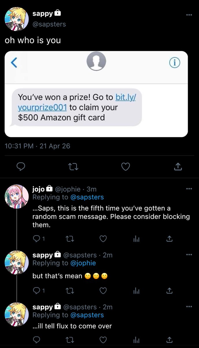 navivivivivivi's tweet image. some silly #fluxarata #socmed thing (not a story)

aka a little thing where 🌻 doesn’t have the heart to block anyone (even spam) so he always gets his partner,🪻, to do so for him