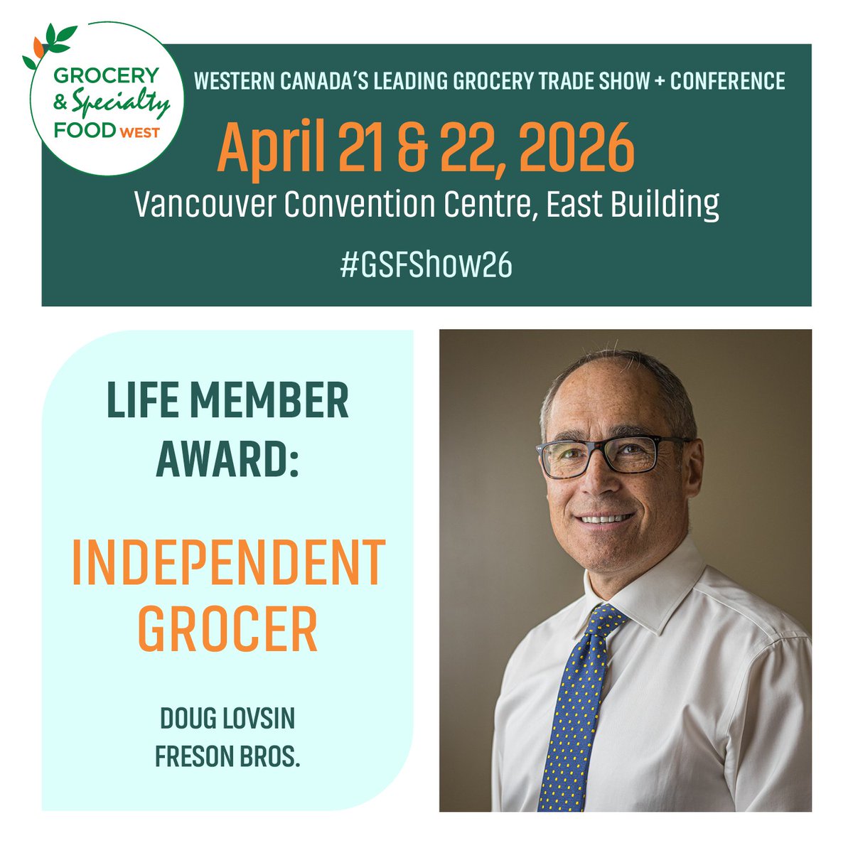 CFIGFCEI's tweet photo. Congratulations to Doug Lovsin, Freson Bros.
for receiving the Life Member, Independent Grocer Award!

#GSFShow26 #GrocerySpecialtyFoodWest #GroceryTrends #LifeMember https://t.co/N7zUdeLe21