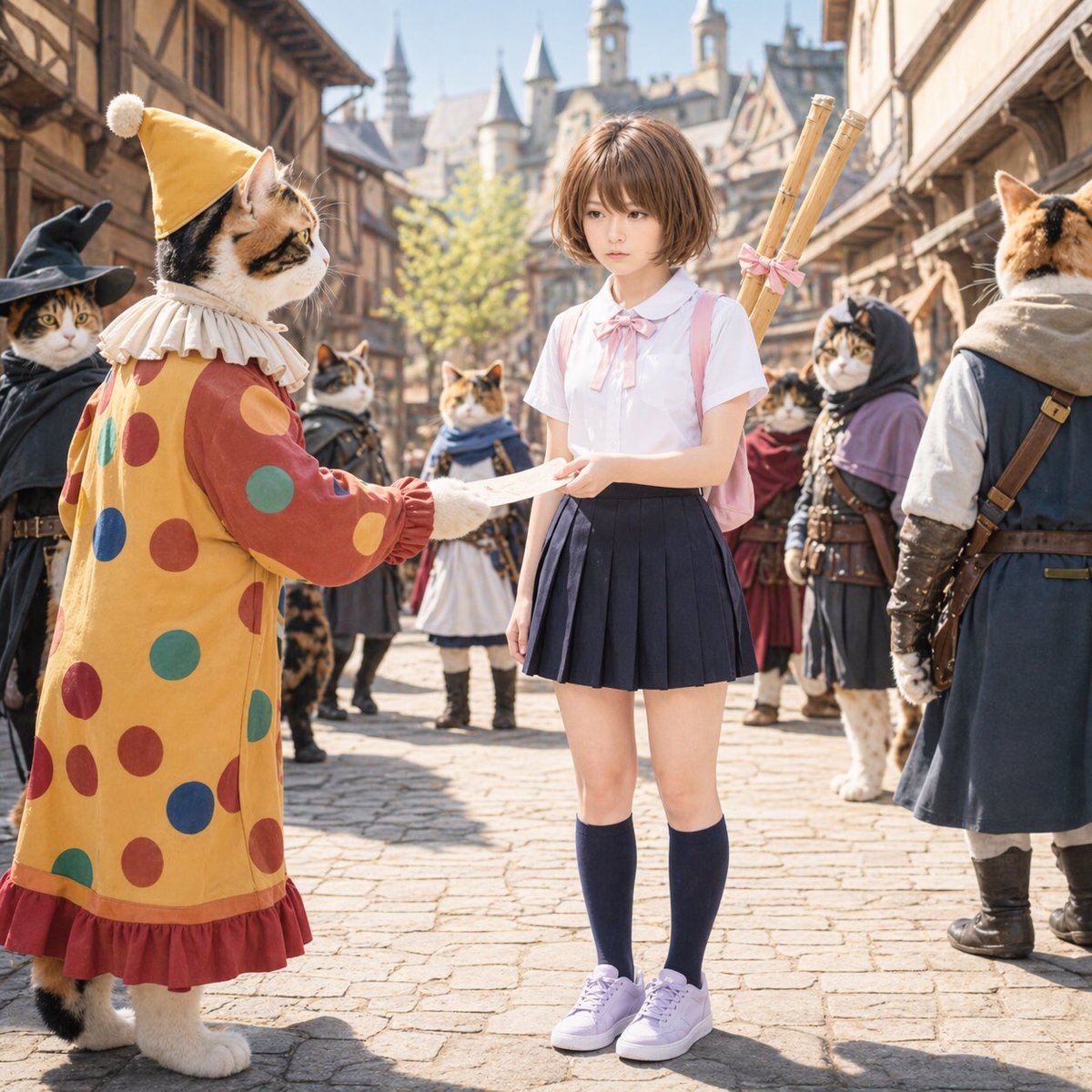 love_rt_ouen's tweet image. #ChatGPT
#AIart
#AI生成画像

「はじめての街でクエストを受ける」、RPGアルアルのシーンね♪😌
「竹刀」の描写が、イマイチ破綻しているかも？🤔