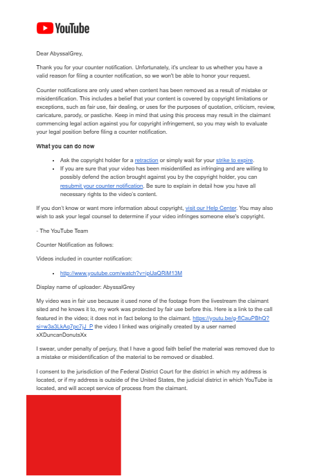 AbyssalGrey's tweet photo. @TeamYouTube 
I submitted a counter notif twice, waited all day, and got rejected twice after my video got falsely struck down. https://t.co/i1hpG6uvuo