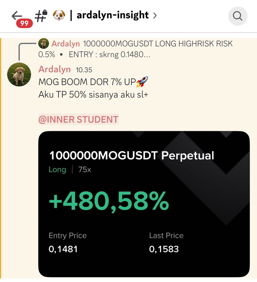 Ardalyn_'s tweet photo. Another successful trade VIP DISCORD  di Ardalyn Inner Circle 

$ETH LONG UP 3.5%
$MOG LONG UP 7%

DOR DOR DOR🚀

Short cuan💸
Long cuan 💸
Thanks GOD😇 https://t.co/k8w0Vti8SS