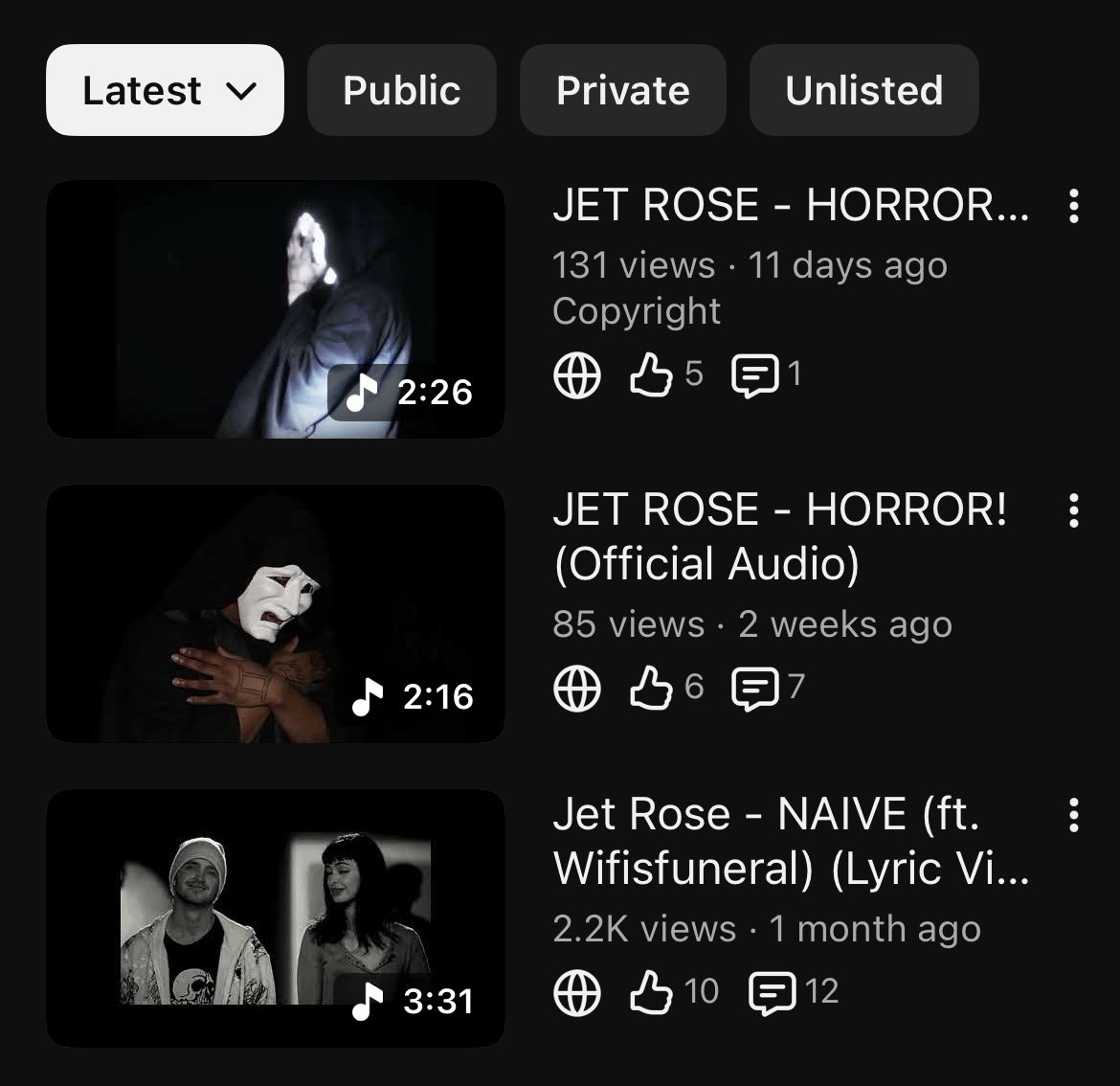 iAmJetRose's tweet photo. So much love recently, idk wtf is happening but it’s happening- This was since posting “NAIVE” and “HORROR”. Thank you to everyone who’s been supporting so far 🖤 https://t.co/X35D6HttnV