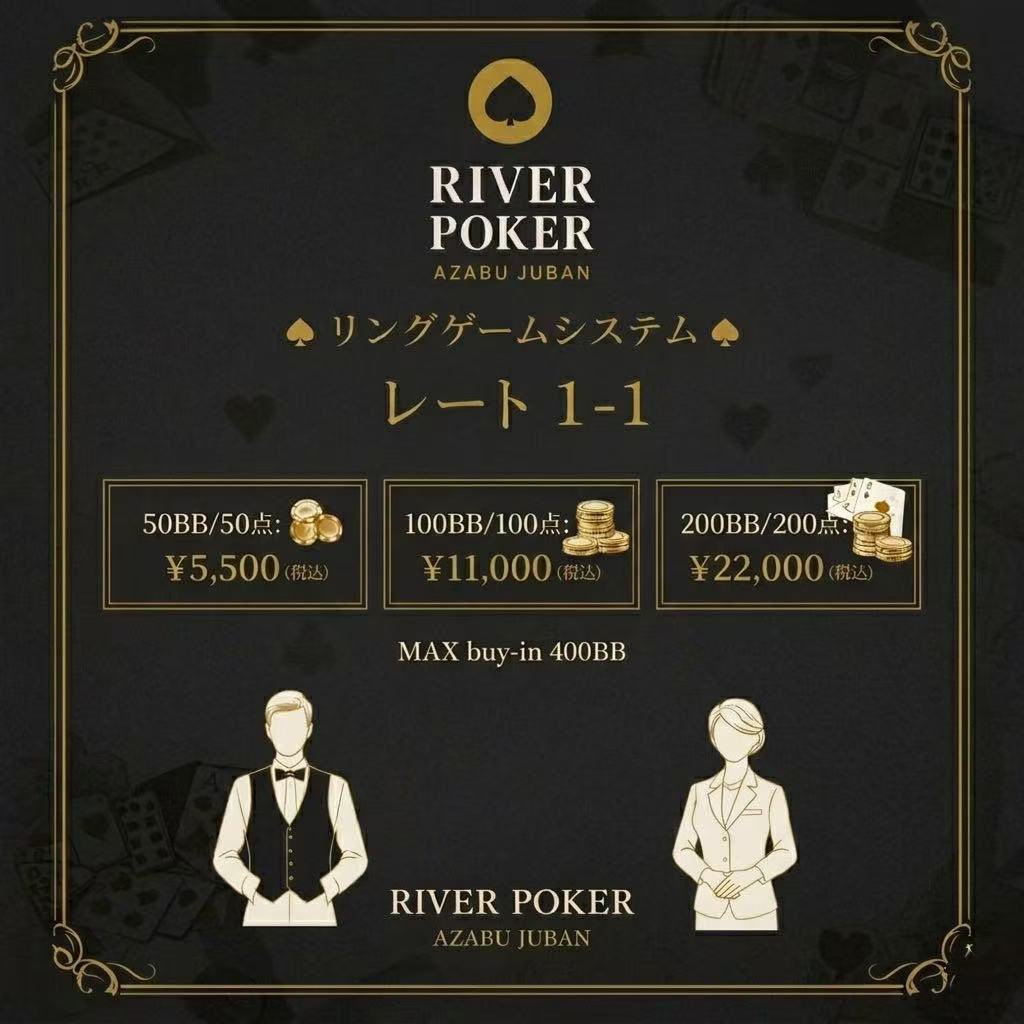 riverpokertokyo's tweet photo. ♠︎——〘River Poker 麻布十番〙——♠︎
4月22日(水) 【17:30 open〜23:30 close】 
🤵🏻🤵🏻‍♀️【本日のゲームスケジュール】
✔️デイリーリングゲーム【レート 1-1】🃏
✔️グランドオープンキャンペーン開催中✨
——♠︎——♥︎——♦︎——♣︎——
都市の喧騒から一歩離れた、現代建築の美学を構築する「アーバン・ラグジュアリー空間」
——♠︎——♥︎——♦︎——♣︎——
【リングゲームシステム】
レート 1-1
50BB/50点：5,500円(税込)
100BB/100点：11,000円(税込)
200BB/200点：22,000円(税込)
——♠︎——♥︎——♦︎——♣︎——
【ハウスルール】
rake 10% 5BB cap
BB anti：なし
pre-flop rake：なし
MAX buy-in 400BB
run it twice：あり
ストラドル有り：BTN・UTG優先 
UTGストラドルに限りCOまでリストラドル可能
——♠︎——♥︎——♦︎——♣︎——
【ご遊戯代はまとめて後払いとなります】
🤵🏻🤵🏻‍♀️「エントランス料金「2,200円(税込)／ワンドリンク付き」のご案内がございます。」
🤵🏻‍♀️「以降のドリンクのご注文はソフトドリンク600円〜/飲み放題1,600円🥤｜アルコール800円〜/飲み放題2,200円🥃のご利用となります！」

〜グランドオープン期間(5月末まで)の特典をご用意させていただきました〜

🤵🏻「ハイハンド賞🃏」
→クワッズ以上の役完成で特典期間中(5月末まで)の再来店にてエントランス料金無料券を贈呈いたします！(期間中：ハイハンド賞を獲得するごとに一度のご利用が可能です/お連れさまにもご適応いただけます)

🤵🏻‍♀️「エキサイティングモーメント賞🥂」
→1卓内の総チップ数が2000BBを超える白熱したゲームをご遊戯の皆さまに、当店よりシャンパンを贈呈いたします！(白熱したゲームのひとときに、ささやかなお色を添えさせていただきます)

🤵🏻🤵🏻‍♀️「リポストキャンペーン📱🌍」
→本アカウントのフォロー、本投稿のいいね&リポストでドリンク各種飲み放題サービスをご用意いたします🍸🍹(受付時にご協力いただいた画面をご提示いただけますと幸いです！期間中に一度ご利用いただけます)
——♠︎——♥︎——♦︎——♣︎——
ご質問やご予約等はDM・コメント・店舗オープンチャットなど！お気軽にご連絡ください！

営業時間：平日・土日祝日ともに17:30〜23:30 
東京都港区東麻布3-8-7 麻布ウィンテルビル4F 
お問い合わせ：03-6459-1527 

#アミューズメントポーカー #麻布十番 #ポーカー #ポーカーバー