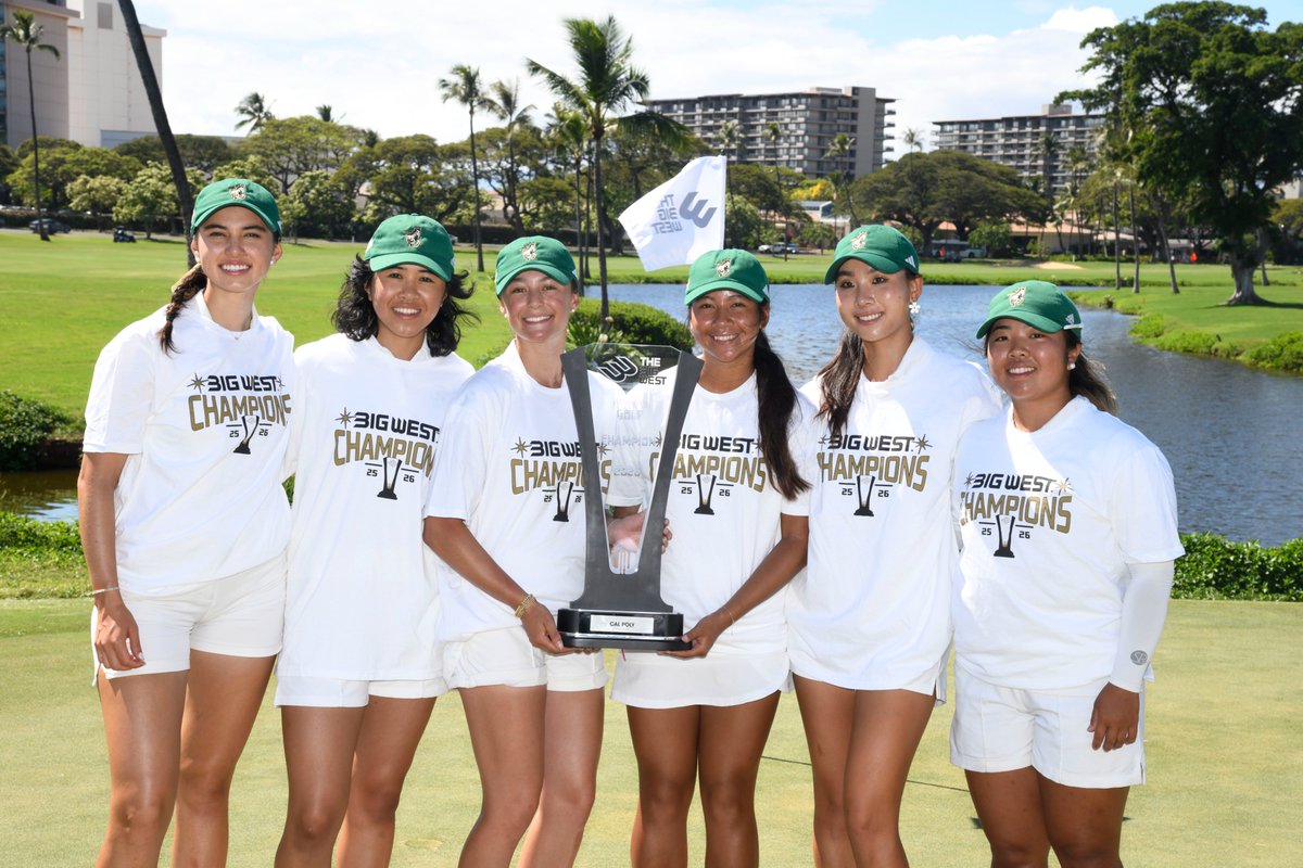 BigWestSports's tweet photo. 𝙍𝙞𝙙𝙞𝙣' 𝙃𝙞𝙜𝙝 🏆⛳

@CalPolyGolf captures the 2026 Big West Women's Golf Championship title with a total team score of 866 (+2) and two Mustang top 5 finishers in Sara Yoo (4th place) and Nicole Koong (T-5th place).

#𝗢𝗻𝗹𝘆𝗧𝗵𝗲𝗕𝗼𝗹𝗱 x #NCAAGolf https://t.co/E5kktXzm80