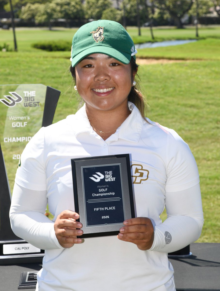 BigWestSports's tweet photo. 𝙍𝙞𝙙𝙞𝙣' 𝙃𝙞𝙜𝙝 🏆⛳

@CalPolyGolf captures the 2026 Big West Women's Golf Championship title with a total team score of 866 (+2) and two Mustang top 5 finishers in Sara Yoo (4th place) and Nicole Koong (T-5th place).

#𝗢𝗻𝗹𝘆𝗧𝗵𝗲𝗕𝗼𝗹𝗱 x #NCAAGolf https://t.co/E5kktXzm80