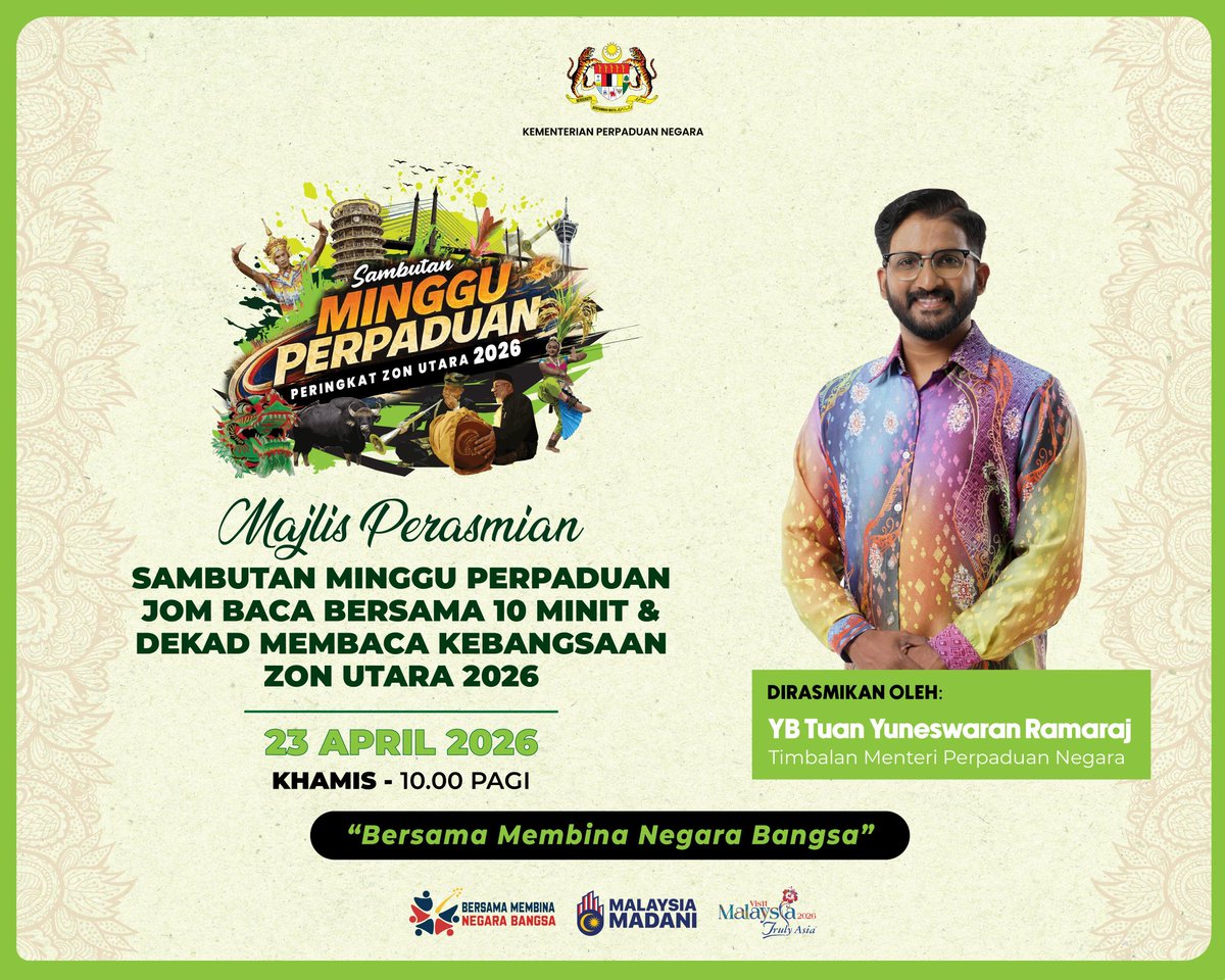 PerpaduanNegara's tweet photo. Majlis Perasmian Sambutan Minggu Perpaduan, Jom Baca 10 Minit &amp; Dekad Membaca Kebangsaan Zon Utara 2026 akan disempurnakan oleh YB Tuan Yuneswaran Ramaraj, Timbalan Menteri Perpaduan Negara pada 23 April 2026 bertempat di Stadium Indera Mulia, Ipoh. https://t.co/pCZcA88ySZ