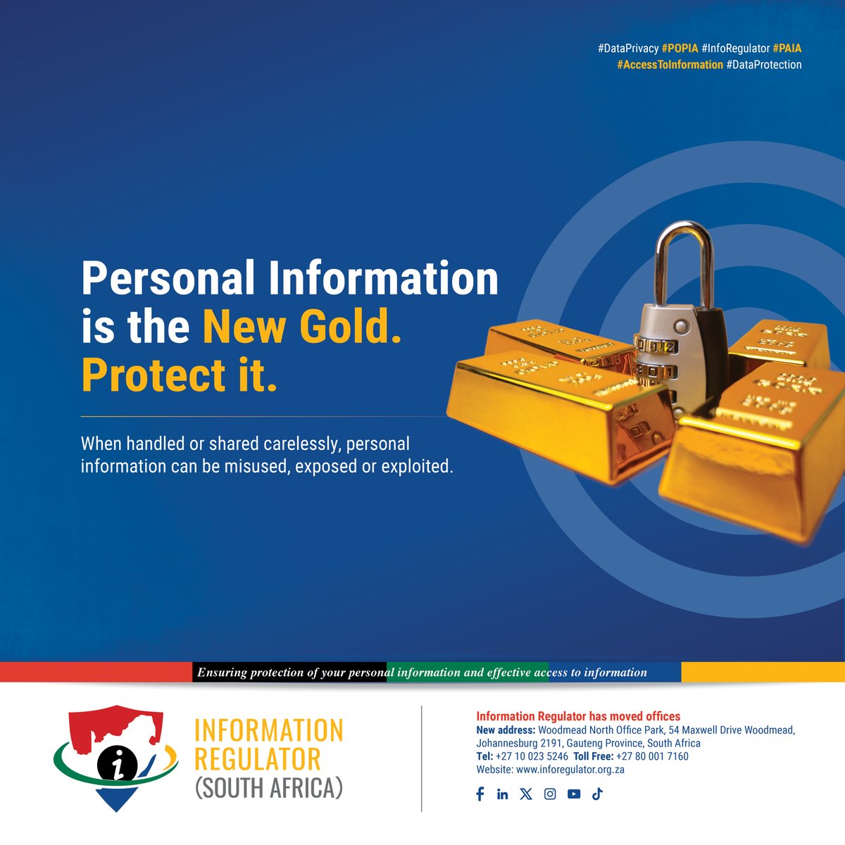InforegulatorSA's tweet photo. When handled or shared carelessly, personal information can be misused, exposed or exploited.

#DataPrivacy #POPIA #InfoRegulator 
#PAIA #AccessToInformation #DataProtection https://t.co/mVS1orgsct