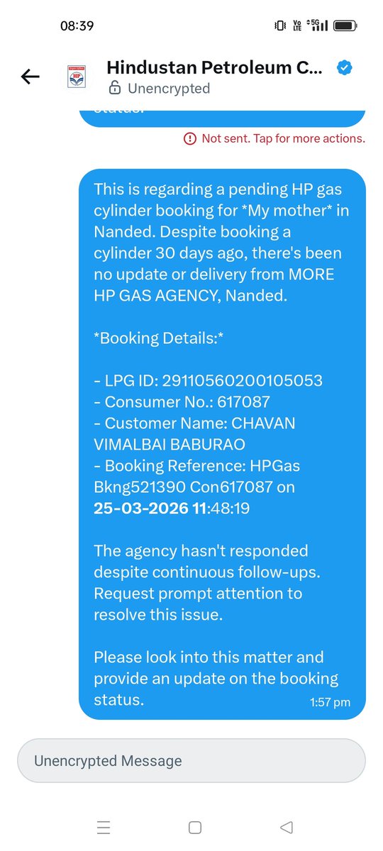 chavan2109's tweet photo. STILL NO ACTION. 35+ days since refill booking (Ref: 521390) at MORE HP GAS Agency, Nanded. This neglect of essential fuel supply is unacceptable. Requesting immediate intervention.
LPG ID: 29110560200105053
Cons: 617087
@PMOIndia @PetroleumMin @MoPNG_eSeva @HardeepSPuri @HPCL https://t.co/owHeQhEBXg