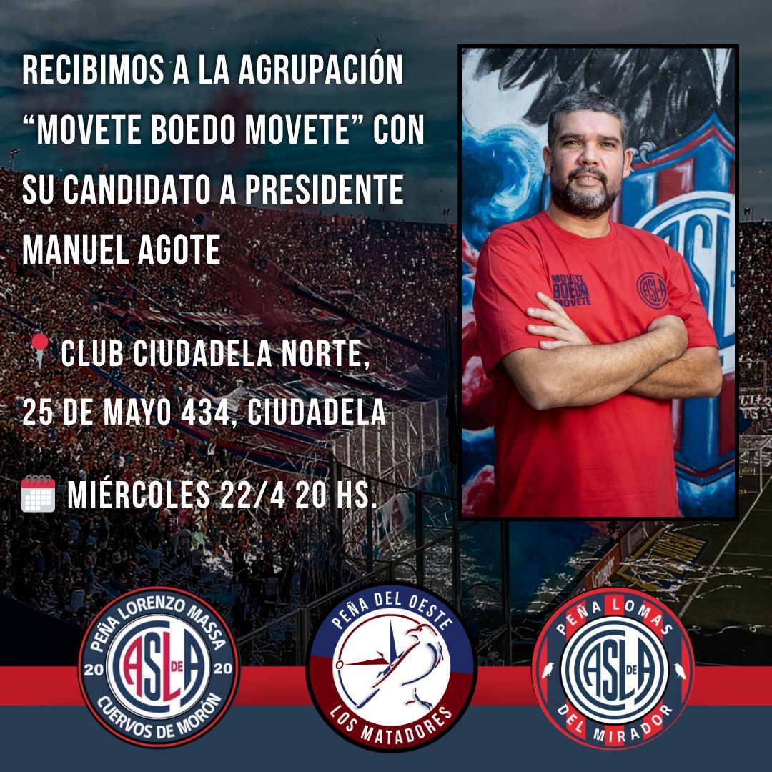 matadoresoeste's tweet photo. Hoy Miércoles 22/04 , recibimos a la agrupación " Movete Boedo Movete" con su candidato a presidente Manuel Agote. 

Te esperamos en el Club Ciudadela Norte desde las 20hs.
25 de Mayo 434 - Ciudadela. https://t.co/ta6cUlKPqT