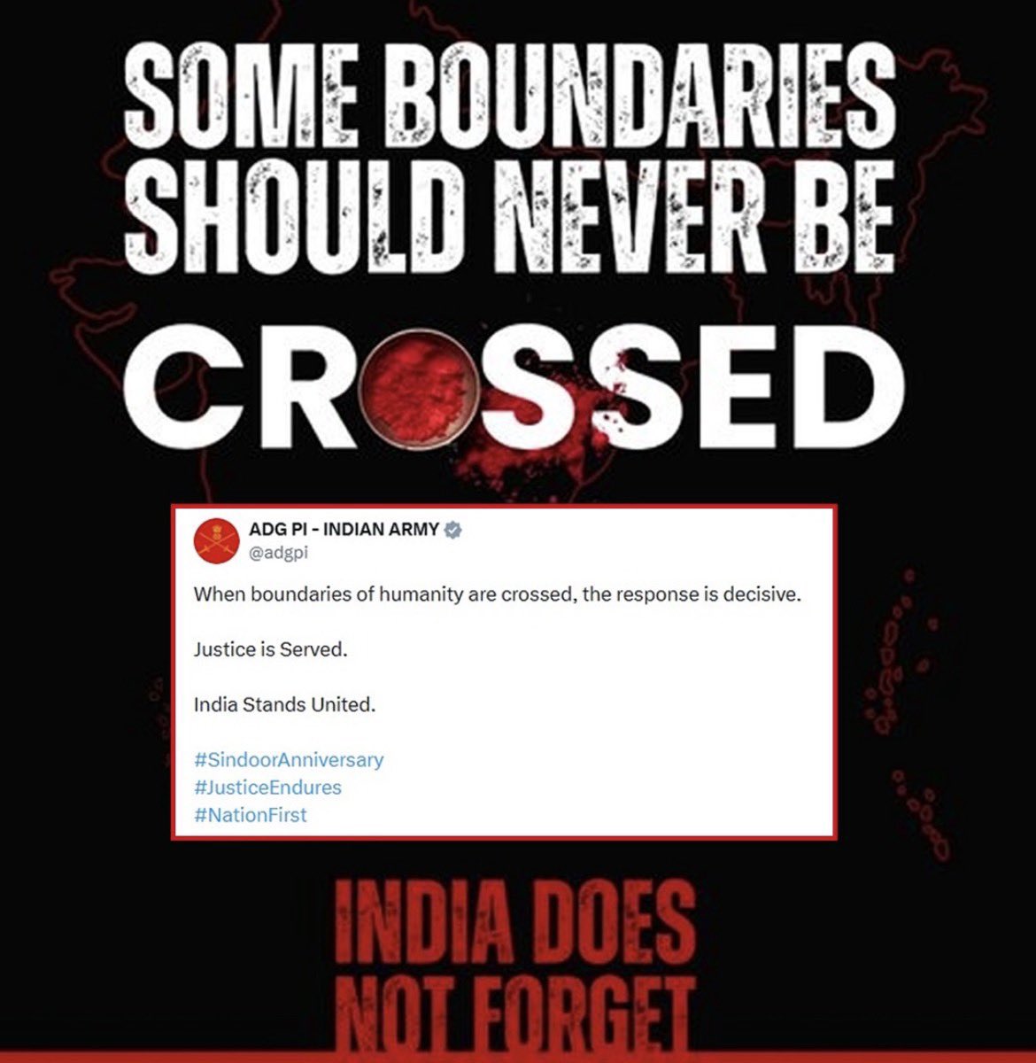 nalin534's tweet photo. “Never Forget, Never Forgive”

Heartfelt tribute to all the Indians who lost their lives in the Pahalgam terror attack on 22 April 2025…..🙏🏻💐

“Some lines aren’t meant to be crossed. The last time was a lesson.. the next won’t be” 🔥

Jai Hind 🇮🇳 

#PahalgamTerrorAttack https://t.co/AIlbYlZBKH