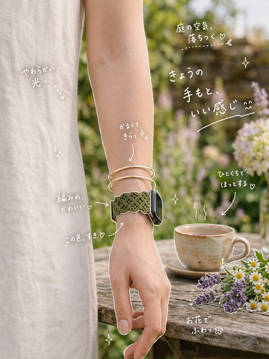 Miuu_ko's tweet image. シリコンバンドや金属ベルトで肌荒れに困ってる方に知って欲しい
軽くて洗えて可愛いマクラメウォッチバンド
 #アップルウォッチ #applewatch #smartwatch #アップルウォッチバンド #applewatchバンド #汗 #ムレない #洗える #着せ替え #マクラメウォッチバンド #汗かかない #プロンプト #ChatGPT