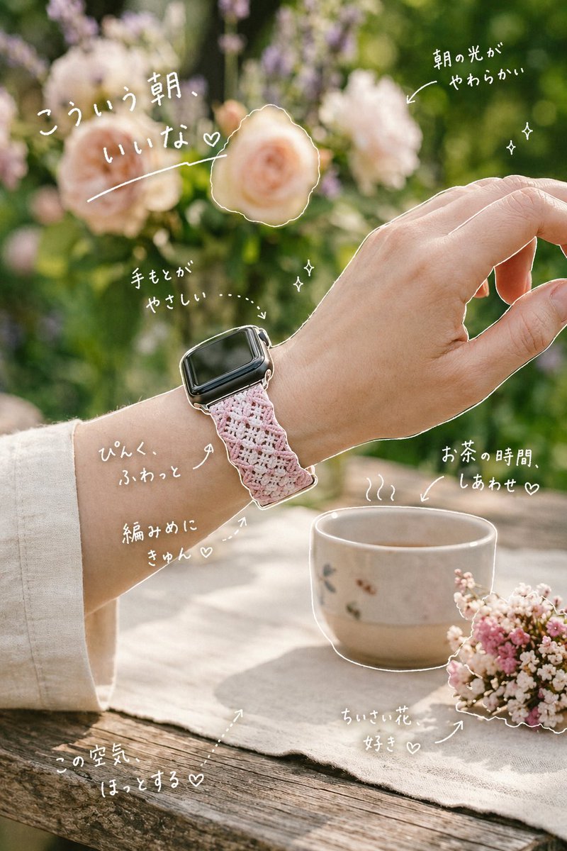 Miuu_ko's tweet image. シリコンバンドや金属ベルトで肌荒れに困ってる方に知って欲しい
軽くて洗えて可愛いマクラメウォッチバンド
 #アップルウォッチ #applewatch #smartwatch #アップルウォッチバンド #applewatchバンド #汗 #ムレない #洗える #着せ替え #マクラメウォッチバンド #汗かかない #プロンプト #ChatGPT