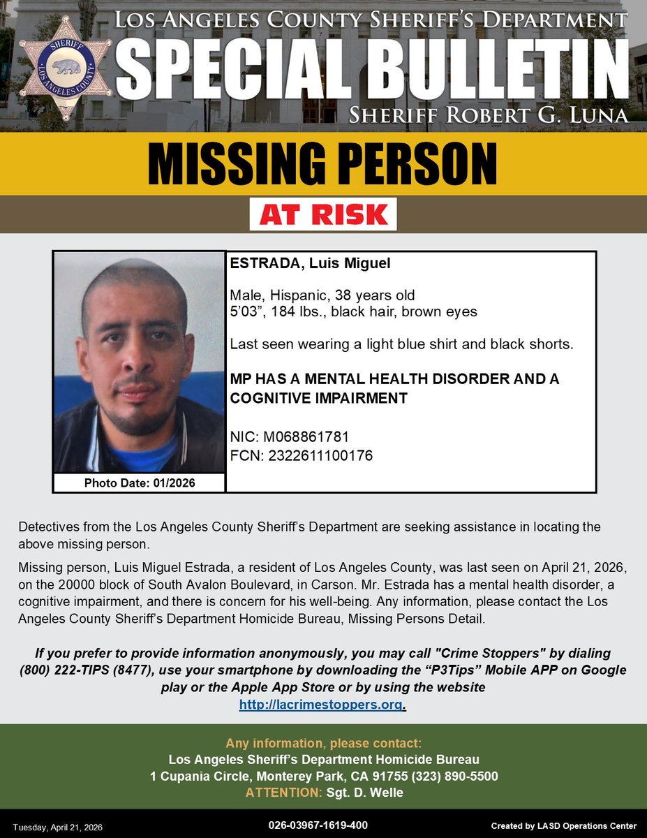LASDHQ's tweet image. #LASD is Asking for the Public’s Help Locating At Risk Missing Person, Luis Miguel Estrada Carson #Carson

local.nixle.com/alert/12345409/