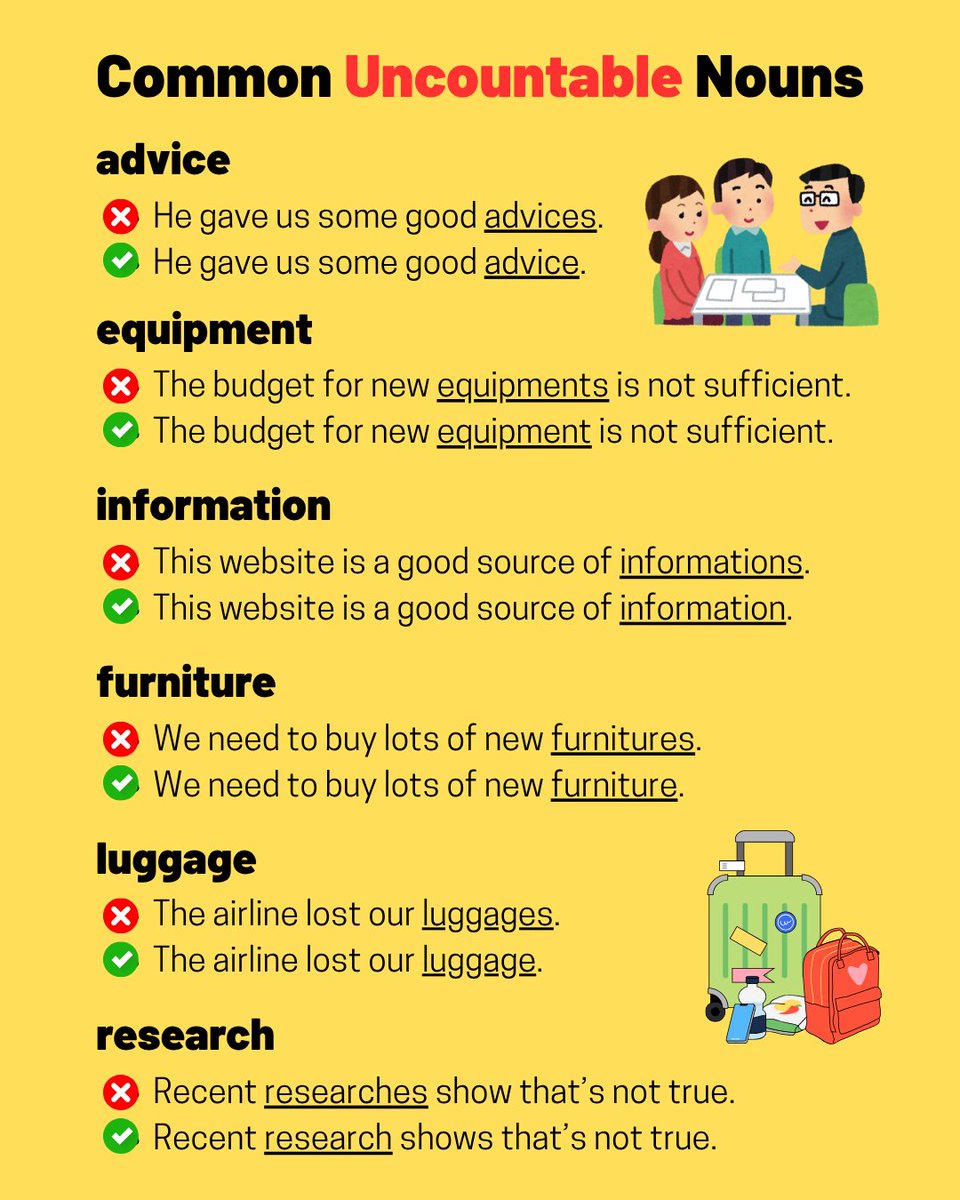 tedielts's tweet image. Here's another #grammar lesson. This is about uncountable nouns, which can be confusing for English learners. 

The nouns below are common words and it's important to know how to use them properly.