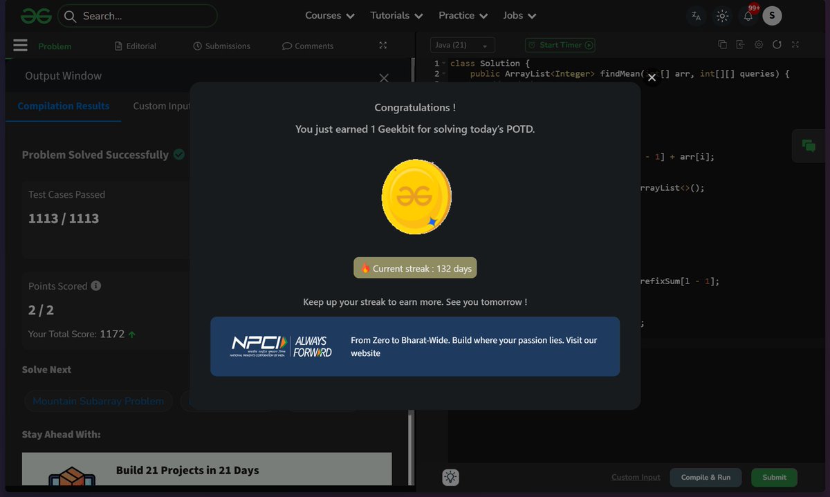 Iamsujal_111's tweet image. Day - 132✅
Solved GFG POTD - Mean of range in array
#DSA #DSAGrind #ProblemSolving  #GeeksforGeeks #CodingChallenge #POTD #POTDwithGFG #geekstreak60  #npci