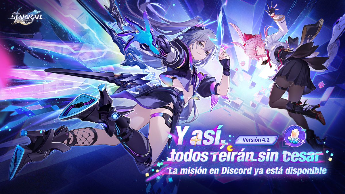 honkaisr_es's tweet photo. Evento de misión en Discord de la versión 4.2 «Y así, todos reirán sin cesar»

¡La misión en Discord de la versión 4.2 «Y así, todos reirán sin cesar» ya está disponible! Desde hoy hasta el 29/4/2026, activa la misión en Discord, abre el cliente de Discord en PC, juega Honkai: Star Rail al menos 15 minutos y experimenta el contenido de la versión 4.2 para recibir recompensas dentro del juego (incluyendo Jade estelar). ¡Ve a reclamarlas!

Participar: https://t.co/O960Djf5lm

Nota: Las recompensas están limitadas a 900 000. Solo los primeros 900 000 Trazacaminos que completen la misión y reclamen su código de canje en orden de llegada recibirán estas recompensas.

#HonkaiStarRail #StarRail