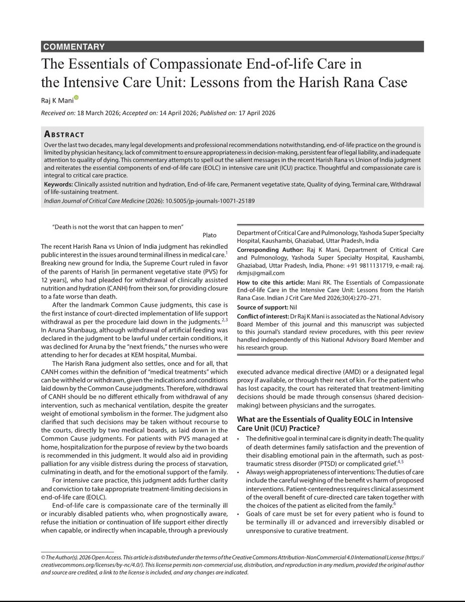 rkmjs1's tweet photo. how to practice compassionate care of the dying on the ground in the ICU :
Mani RK. The Essentials of Compassionate End-of-life Care in the Intensive Care Unit: Lessons from the Harish Rana Case. Indian J Crit Care Med 2026; 30 (4):270-271.
DOI: 10.5005/jp-journals-10071-25189 https://t.co/Gw60jNX5BO