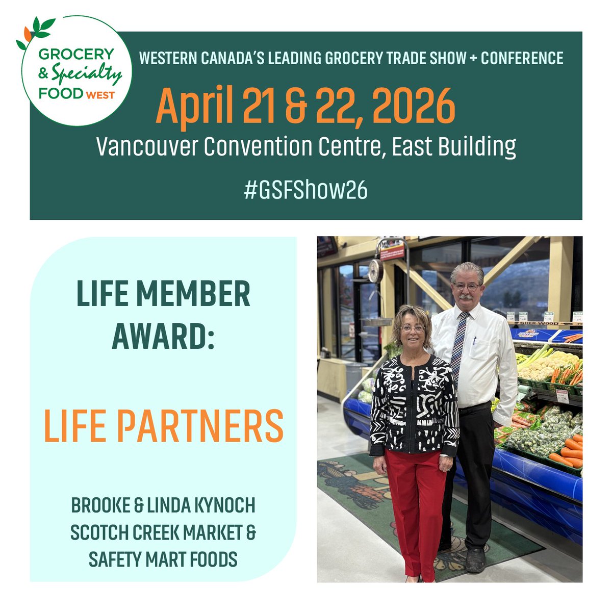 CFIGFCEI's tweet photo. Congratulations to Brooke &amp; Linda Kynoch, Scotch Creek Market &amp; Safety Mart Foods for receiving the Life Member, Life Partners Award!

#GSFShow26 #GrocerySpecialtyFoodWest #GroceryTrends #LifePartners https://t.co/mOLORTWags