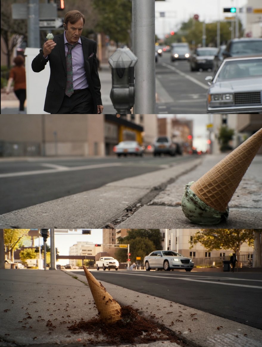 En el episodio 3 de la quinta temporada de 'BETTER CALL SAUL', la introducción retoma un detalle aparentemente simple: el helado de menta con chispas que Jimmy deja caer al final del episodio anterior, sobre el pavimento de Albuquerque, ese pequeño momento se transforma en una