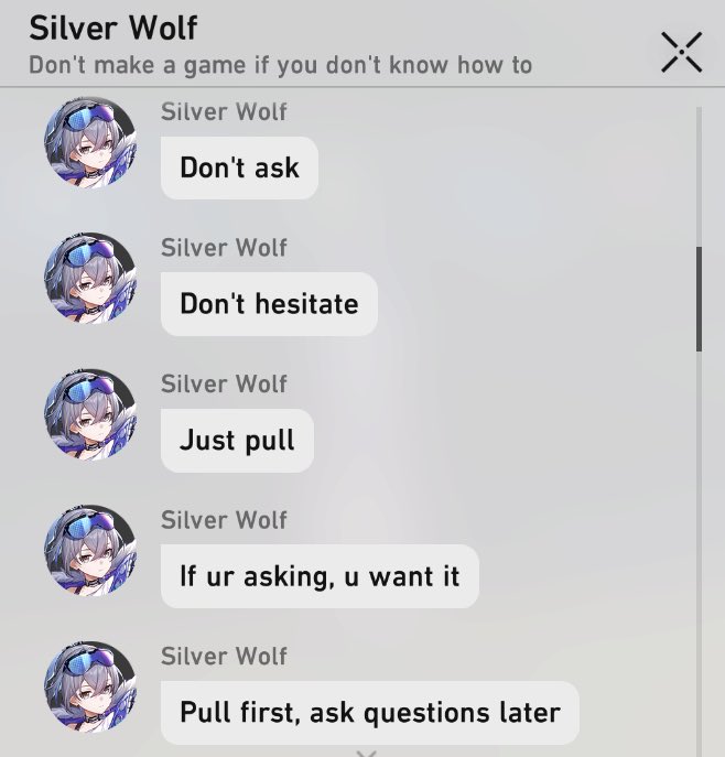 Gacha_Zone's tweet photo. A message from Silver Wolf https://t.co/w8SXvX0pqL