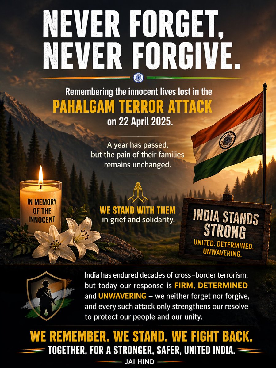 Ujjwal_S_1999's tweet image. #NeverForget 🇮🇳.
#Pahalgam 🕯️.
#Tribute 🙏🏻.
#IndiaStrong 💪🏻.
#StandUnited 🇮🇳.