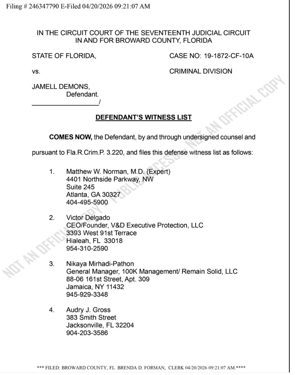 State of FL v. <a href="/YNWMelly/">Melvin & Melly 2 Face 🌗</a>: Retrial

YNW Melly’s attorney Drew Findling (<a href="/DrewFindling/">Drew Findling</a>) filed a new Witness List with Broward Clerk on Monday (April 20). 

Among the 5 new witnesses is Victor Delgado, founder of V&amp;D Executive Protection, based in Miami, Florida. 

<a href="/100kMgmt/">100kMgmt</a> GM,