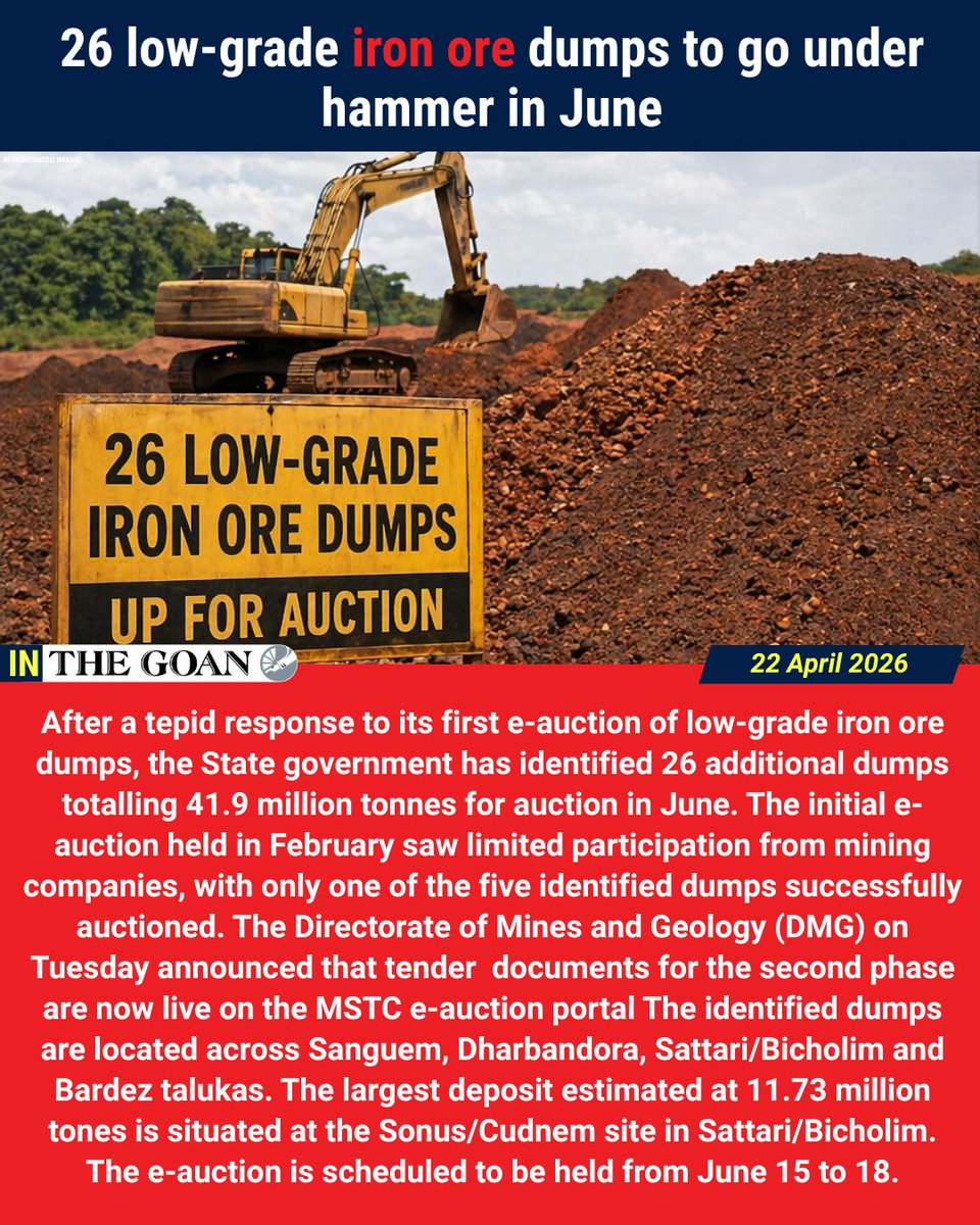 thegoanonline's tweet image. In THE GOAN | 26 low-grade iron ore dumps to go under hammer in June

Read More: thegoan.net/goa-news/%EF%B…

#Goa #BreakingNews