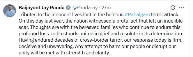 otvnews's tweet image. "Tributes to the innocent lives lost in the heinous #Pahalgam terror attack. On this day last year, the nation witnessed a brutal act that left an indelible scar. Thoughts are with the bereaved families who continue to endure this profound loss. India stands united in grief and