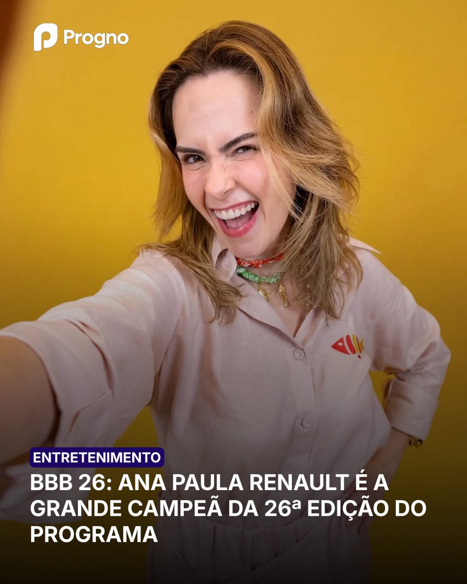 prognomarkets's tweet photo. BBB 26 – Ana Paula é a grande campeã do Big Brother Brasil 2026

Com 75,94% dos votos, Ana P
aula Renault venceu o reality e levou o prêmio de R$ 5,7 milhões. A edição chegou ao fim na noite desta terça-feira (21).

Em segundo lugar ficou Milena, com 17,29% dos votos, levando R$ 150 mil. Já o terceiro lugar, Juliano, recebeu 6,77% dos votos e garantiu R$ 50 mil. #BBB26 #AnaPaulaCampeã