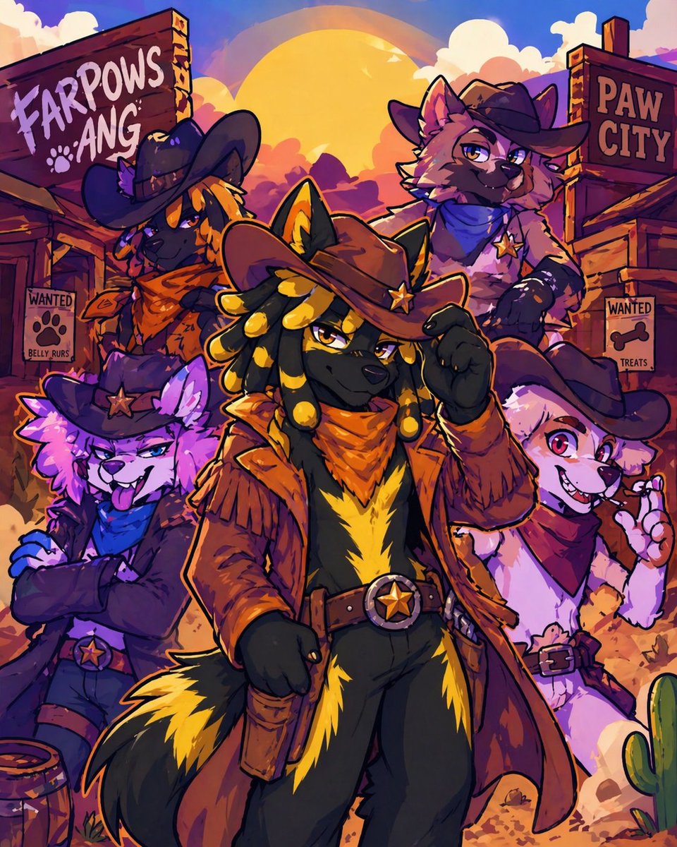 Itz_ynxx's tweet image. There’s a new pack in Paw City and we aren’t looking for trouble... we’re looking for treats. 🦴💥#PawCity #FurryArt #WildWest #DigitalArt #SquadGoals