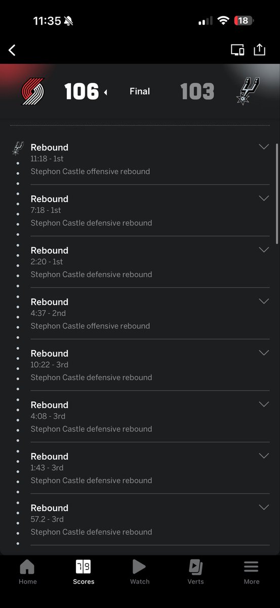 thatboy_dave's tweet photo. @espn why yall got Stephon castle only for 7 rebounds but it’s showing he got 8 in this screenshot from your app https://t.co/xFkU2tRWN6