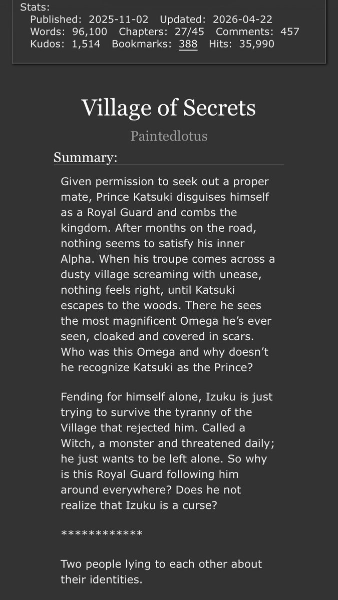 _Paintedlotus_'s tweet image. Village of Secrets
Chapter 27: Great Differences

I've been waiting FOREVER to write this chapter, it addresses so much needed politics.
They also have their first argument that is super cannon to their personalities.
************
#ao3 #BKDK #nanowrimo #fanfiction #omegaverse