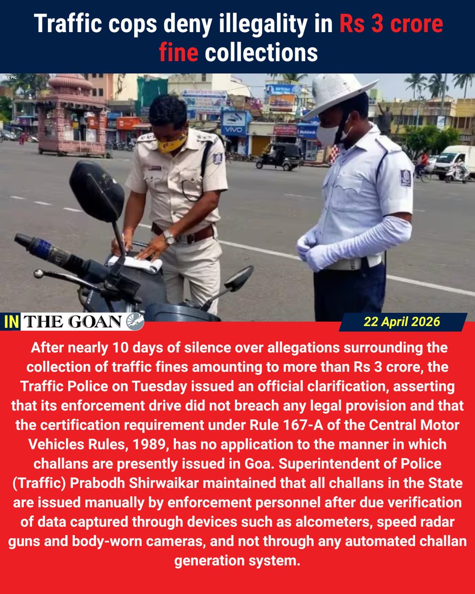 thegoanonline's tweet image. In THE GOAN | Traffic cops deny illegality in Rs 3 crore fine collections

Read More: thegoan.net/goa-news/traff…

#Goa #BreakingNews