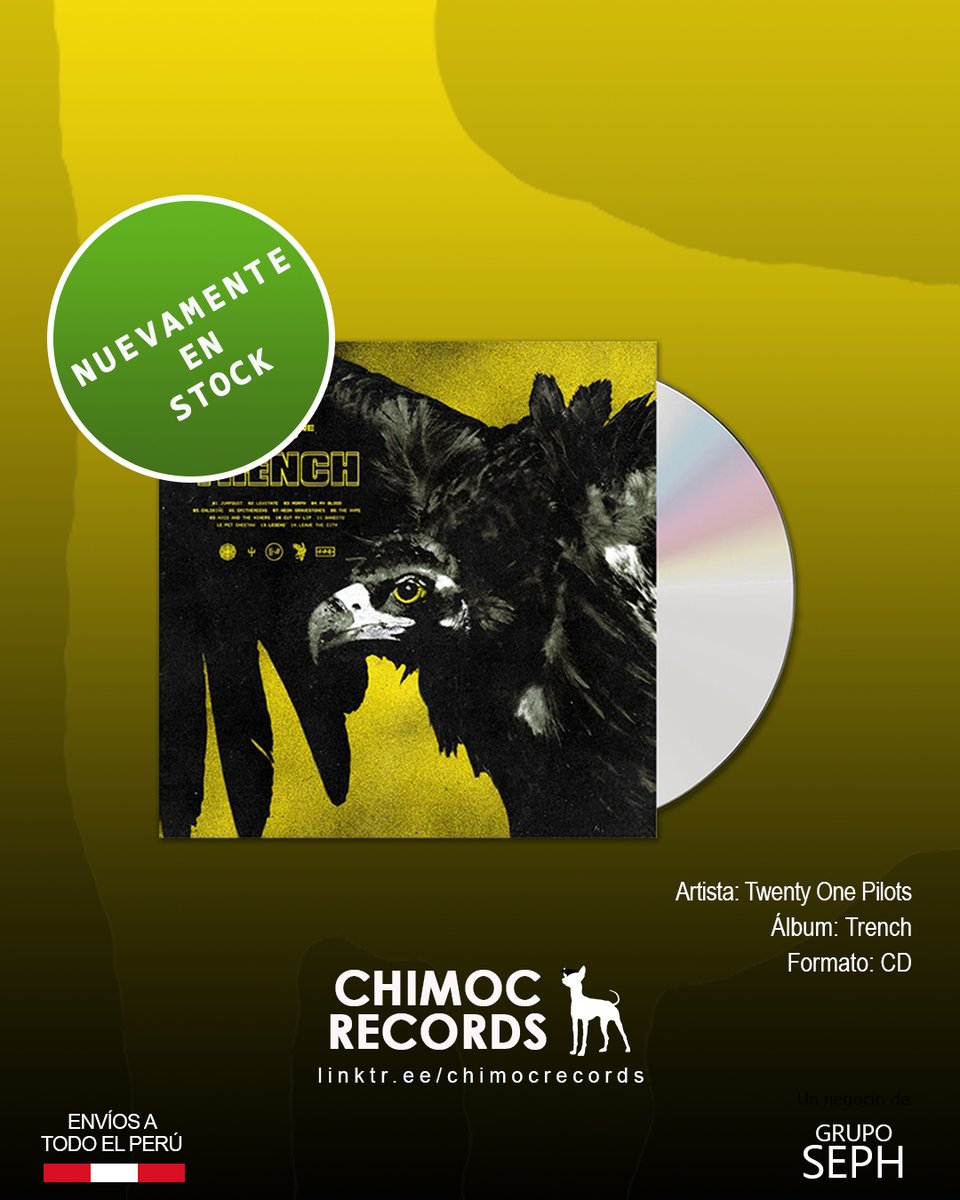 ¡Nuevamente disponible en stock! 😉
Twenty One Pilots - Trench
CD nuevo y sellado
➡️ Precio: S/ 75

#TwentyOnePilots #Trench #TOP