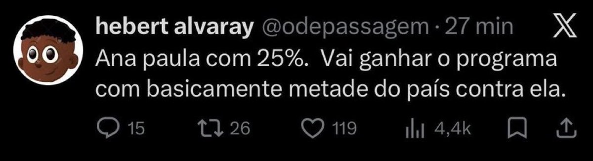 Ana Paula com 75%. Ganhou o programa com basicamente metade do país contra ela.