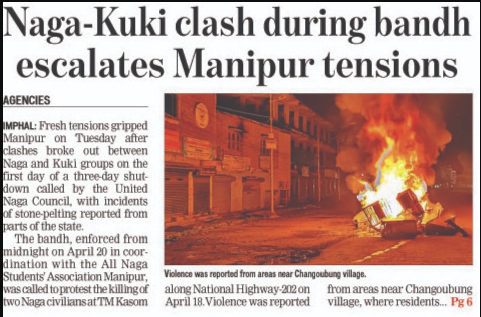 AnganaCk's tweet photo. Now, a Naga-Kuki clash in Senapati district during a United Naga Council shutdown called over the killings of 2 Naga civilians.

After the valley, which has seen waves of protests over the killings of 2 children, the hills of Manipur are erupting.   

And a "popular" government at the state and the Centre that watches on, as the cycle of violence continues.