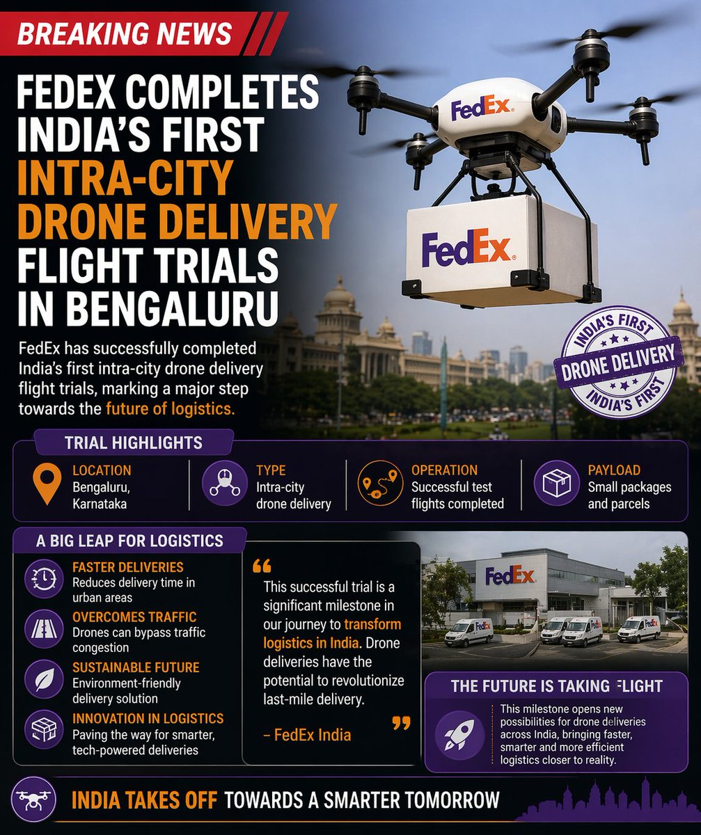 Vinaykulkarni91's tweet image. 🚨 TECH &amp;amp; LOGISTICS | Drone Delivery Milestone
#FedEx has successfully completed India’s first intra-city drone delivery trials in #Bengaluru 🚁📦
• Faster last-mile #deliveries ⚡
• Reduced traffic dependency 🚦
• Step towards future logistics innovation
 #Tech #India #Drone
